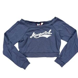Vintage‎ Aeropostale Shirt Women's Medium Navy Blue Crop Top Long Sleeve Y2K